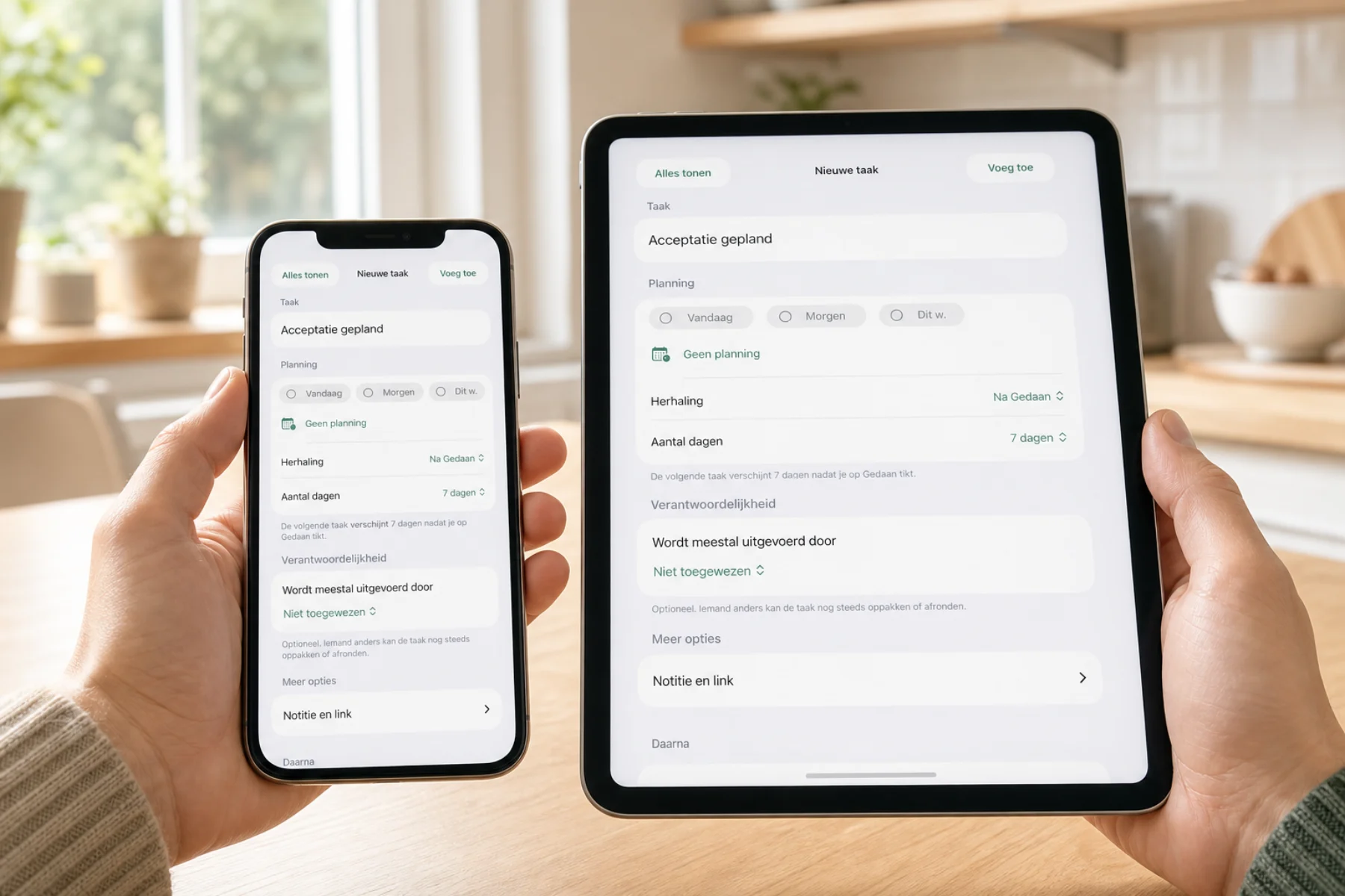 Twee handen houden een telefoon en tablet vast waarop dezelfde Zanuli-taak zichtbaar is.