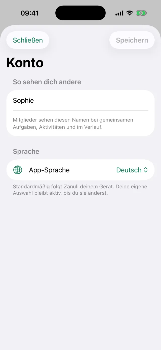 Der Kontobildschirm mit dem Anzeigenamen Sophie und der Einstellung App-Sprache.