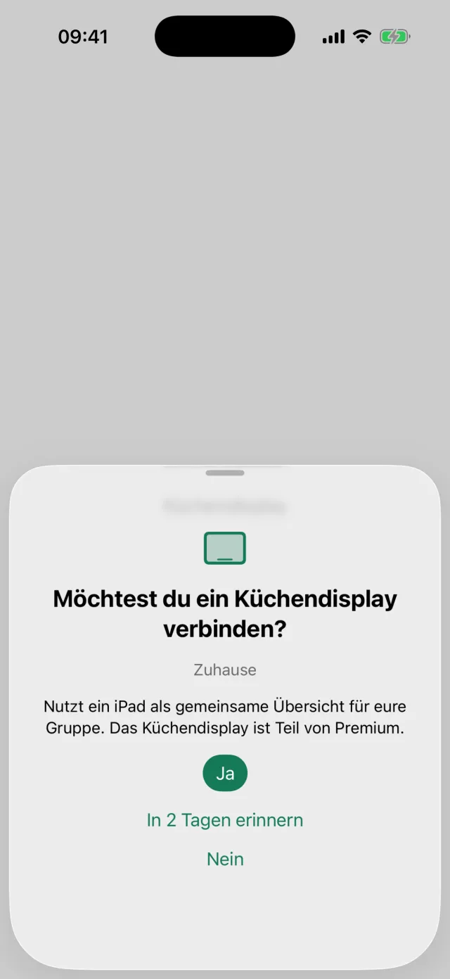Die Frage, ob ihr ein Küchendisplay koppeln möchtet, mit Ja, Später erinnern und Nein.