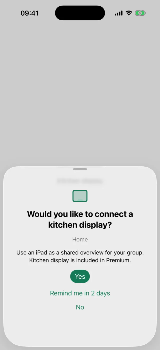 The prompt asking whether you want to pair a kitchen display, with Yes, Remind me later and No.
