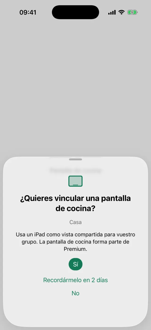 La pregunta de si quieres vincular una pantalla de cocina, con Sí, Recordármelo y No.