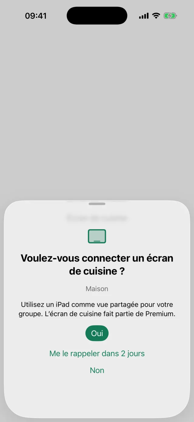 La question demandant si vous voulez associer un écran de cuisine, avec Oui, Me le rappeler et Non.