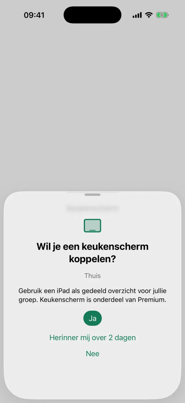 De vraag of je een keukenscherm wilt koppelen, met de knoppen Ja, Herinner mij later en Nee.