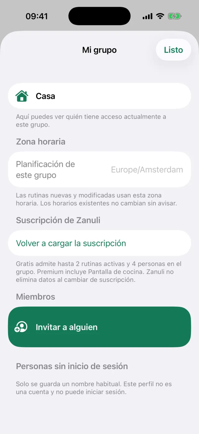 La pantalla Mi grupo con zona horaria, suscripción, miembros y personas sin acceso.