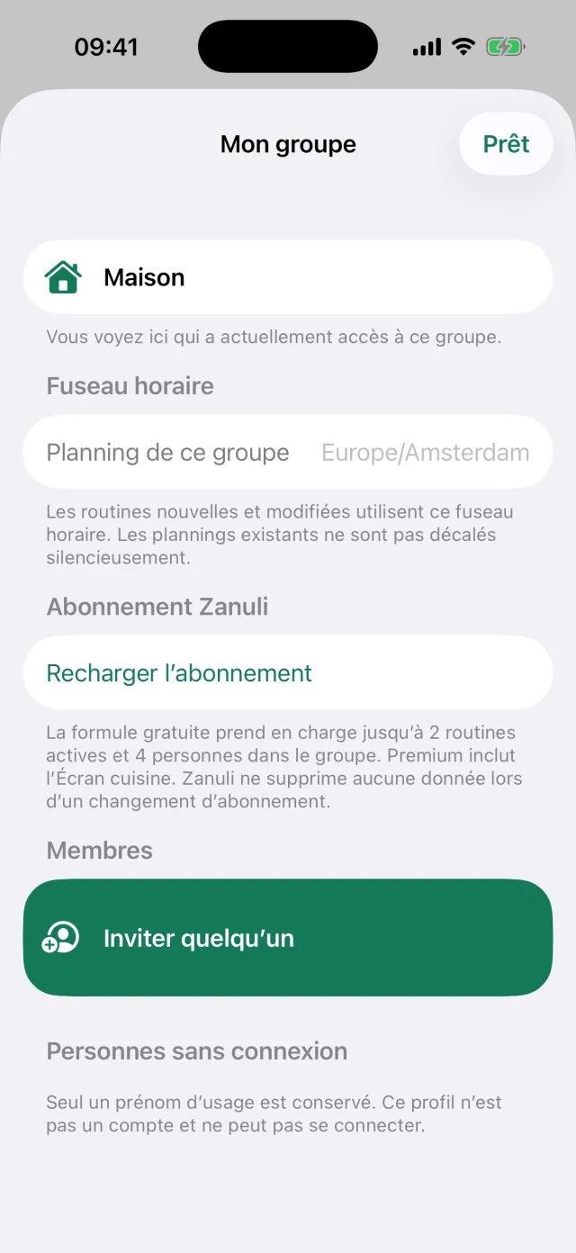 L’écran Mon groupe avec fuseau horaire, abonnement, membres et personnes sans connexion.