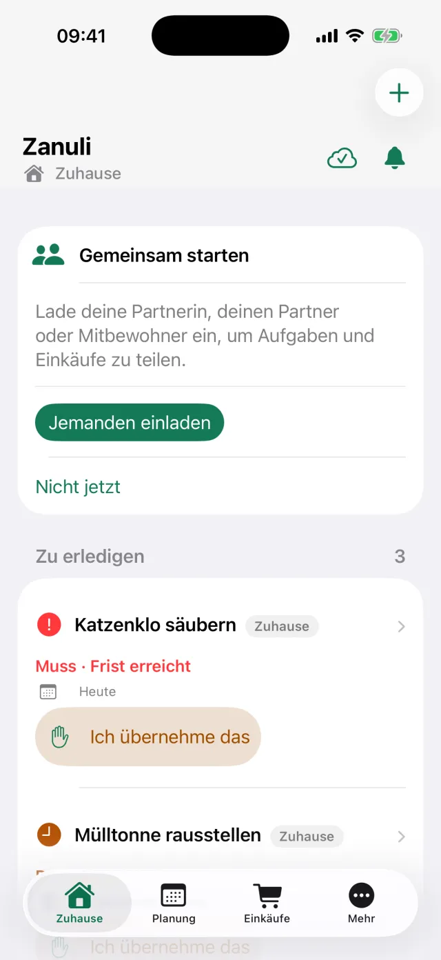 Der Zanuli-Startbildschirm mit den Bereichen Gemeinsam starten und Zu erledigen.