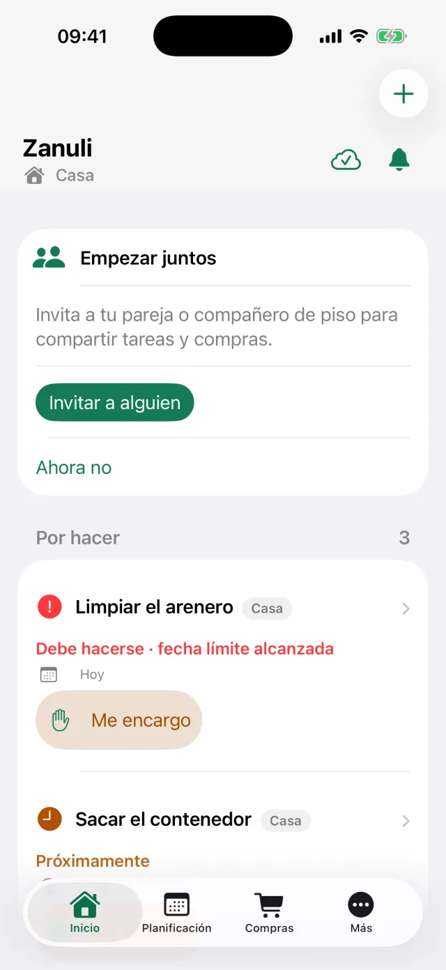 La pantalla de inicio de Zanuli con las secciones Empezar juntos y Por hacer.