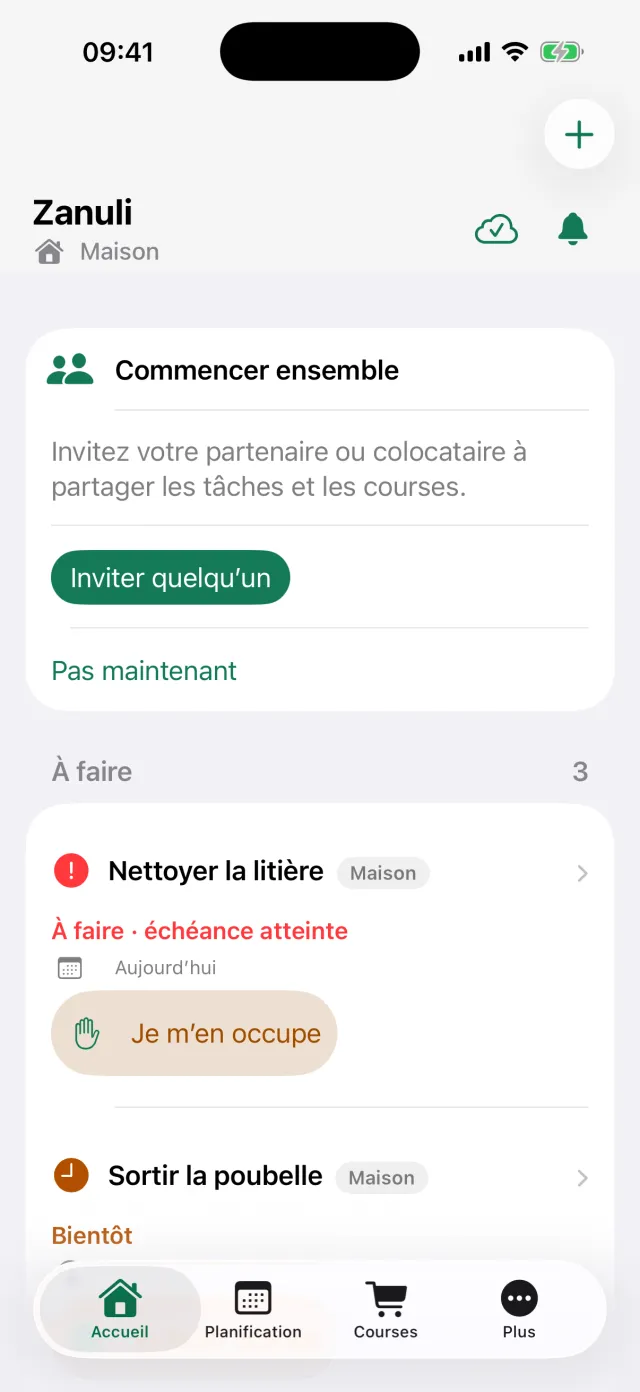 L’écran d’accueil de Zanuli avec les sections Commencer ensemble et À faire.