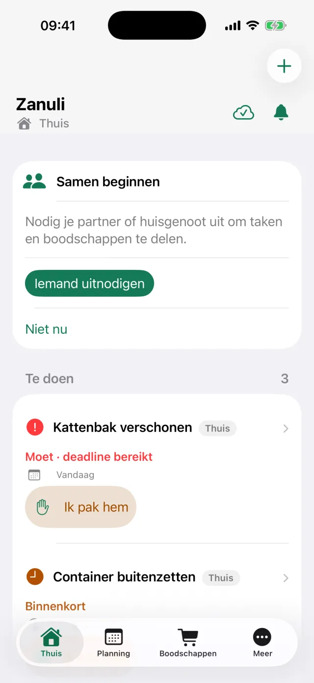 Het Thuis-scherm van Zanuli met de secties Samen beginnen en Te doen.