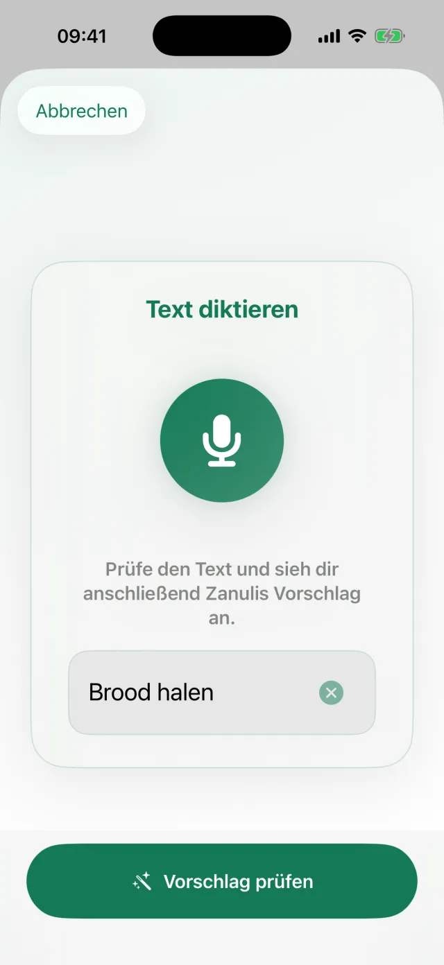 Der Diktierbildschirm des Eingangs mit Mikrofontaste und Textfeld.