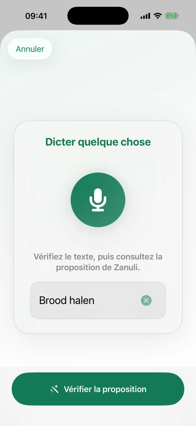 L’écran de dictée de la boîte de réception avec un bouton micro et un champ de texte.