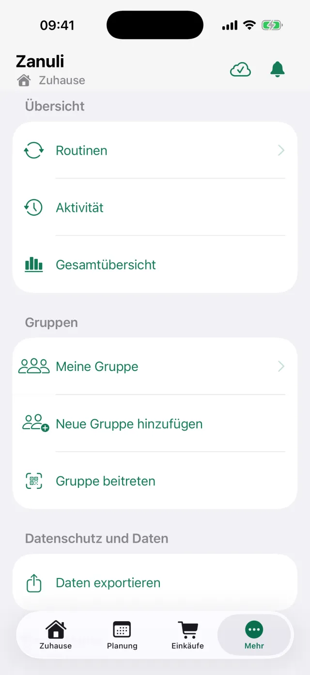 Das Menü Mehr mit Routinen, Aktivität, Gesamtübersicht und den Gruppeneinstellungen.