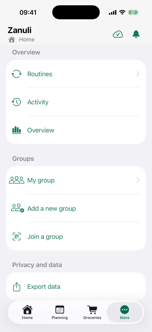 The More menu with Routines, Activity, Overview and the group settings.