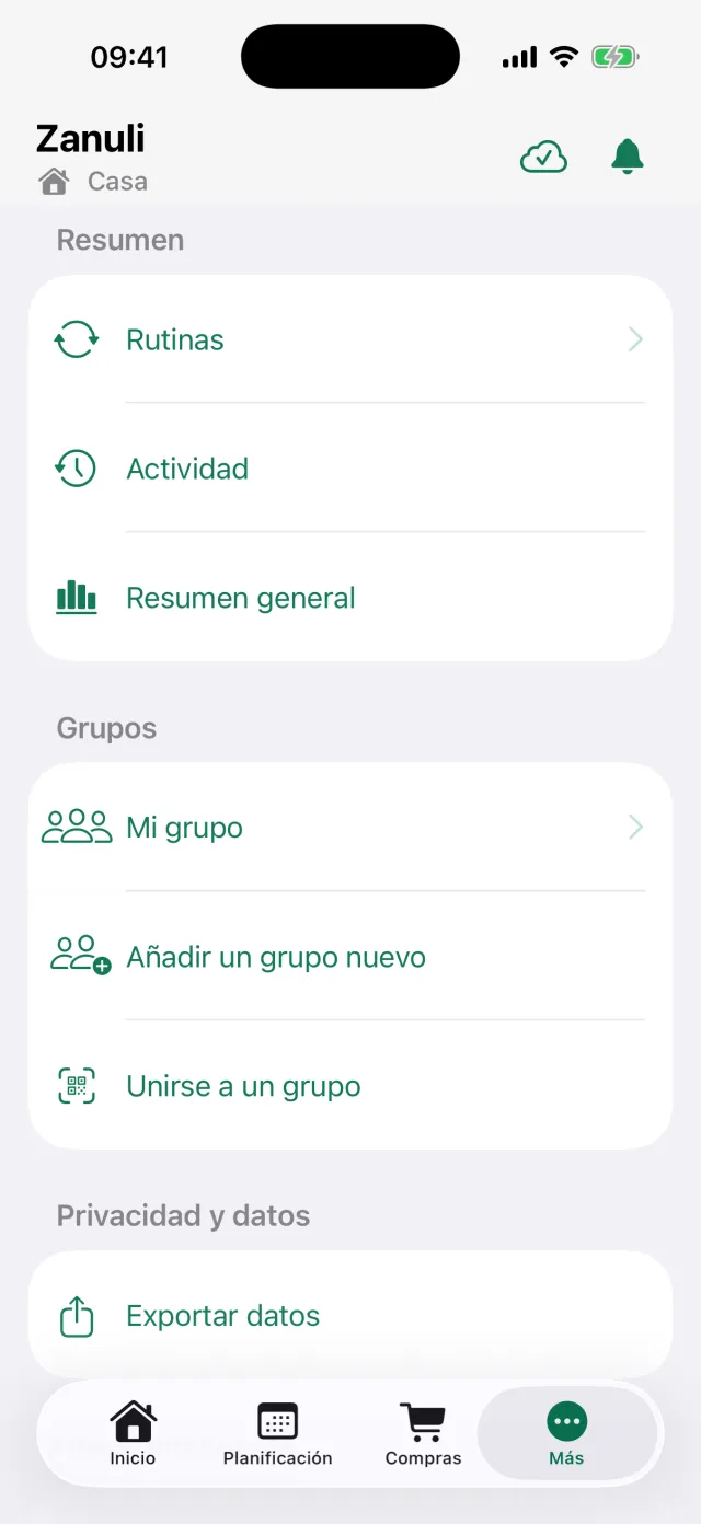 El menú Más con Rutinas, Actividad, Resumen y los ajustes del grupo.