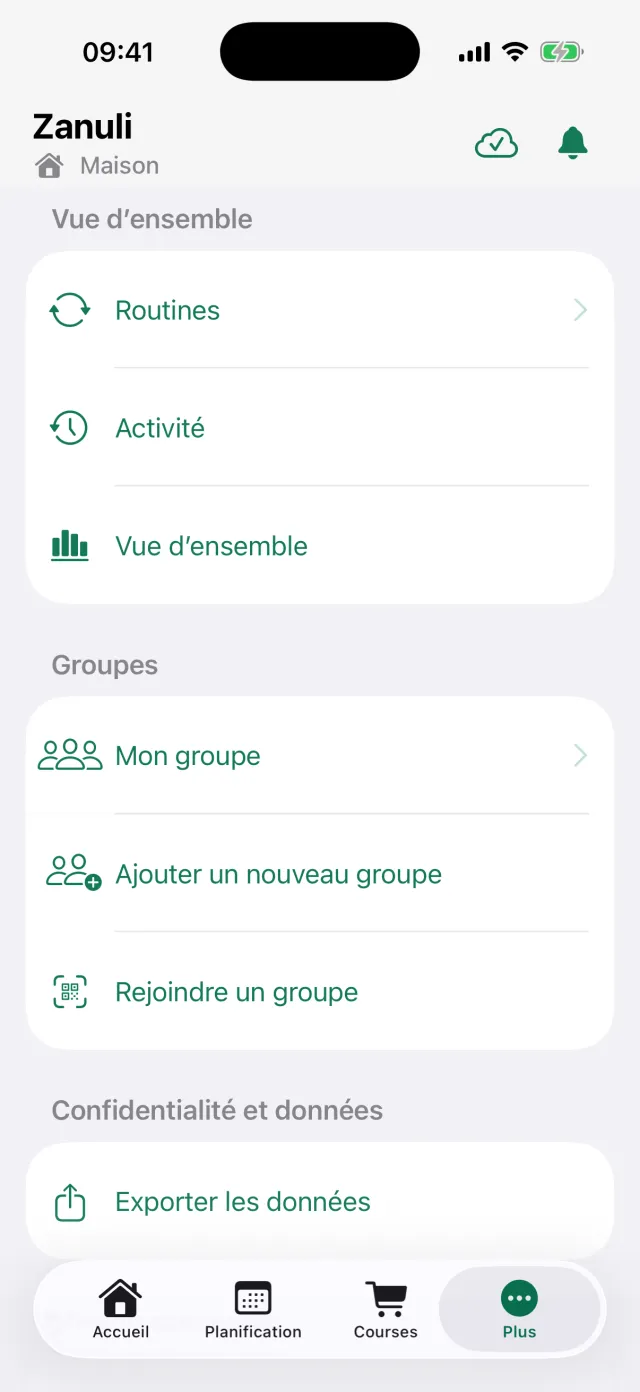 Le menu Plus avec Routines, Activité, Vue d’ensemble et les réglages du groupe.