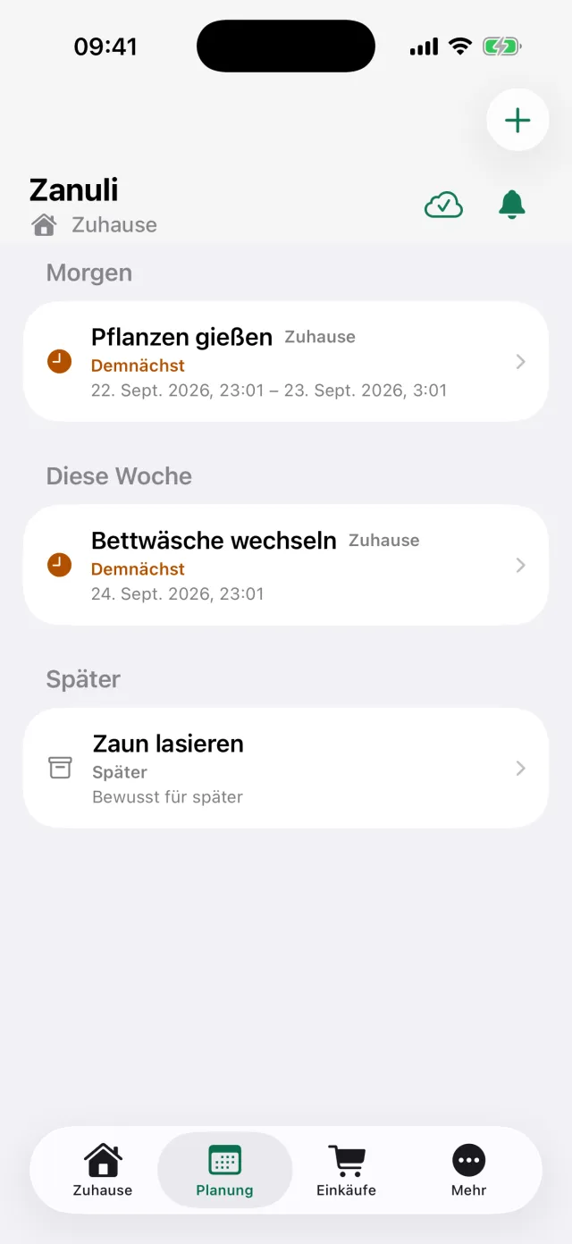Der Planungsbildschirm mit Aufgaben unter Morgen, Diese Woche und Später.