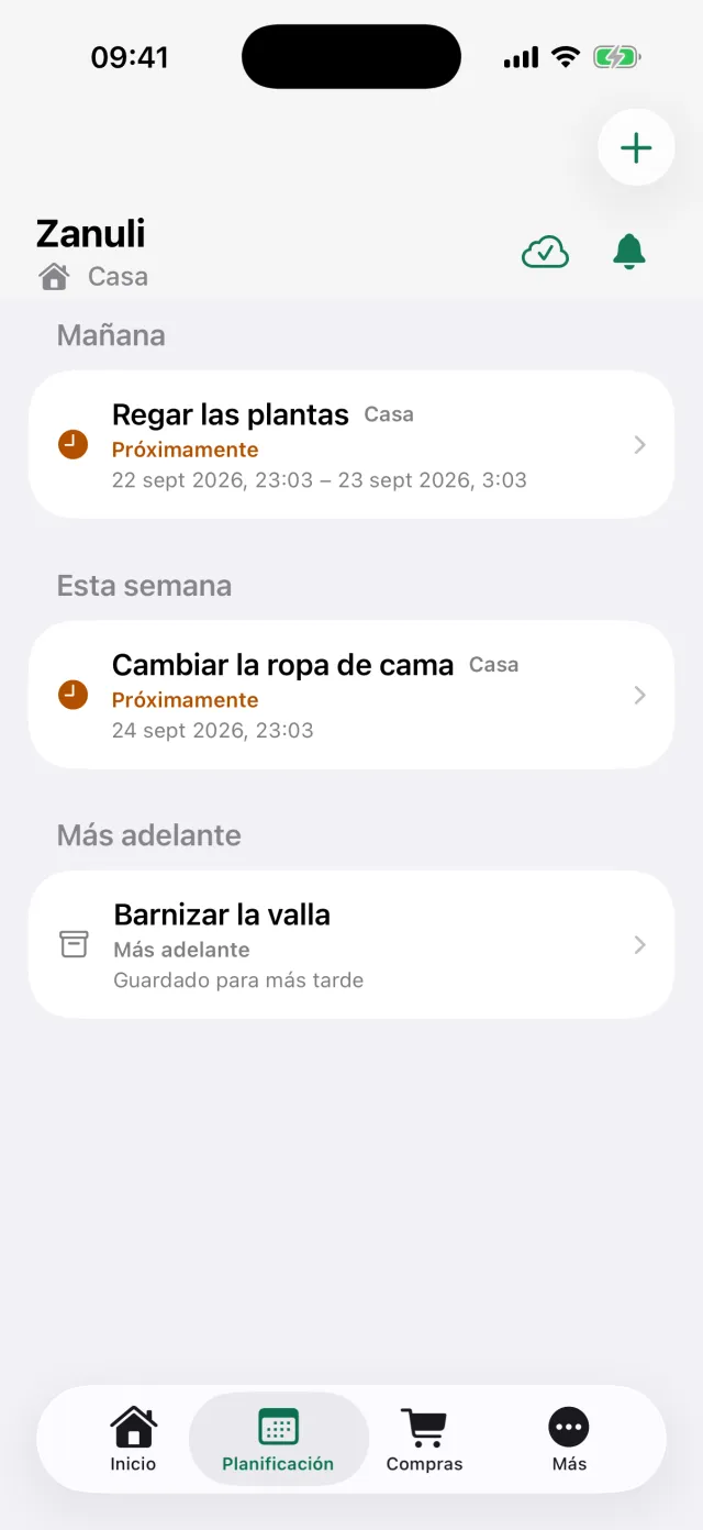 La pantalla Planificación con tareas agrupadas en Mañana, Esta semana y Más adelante.