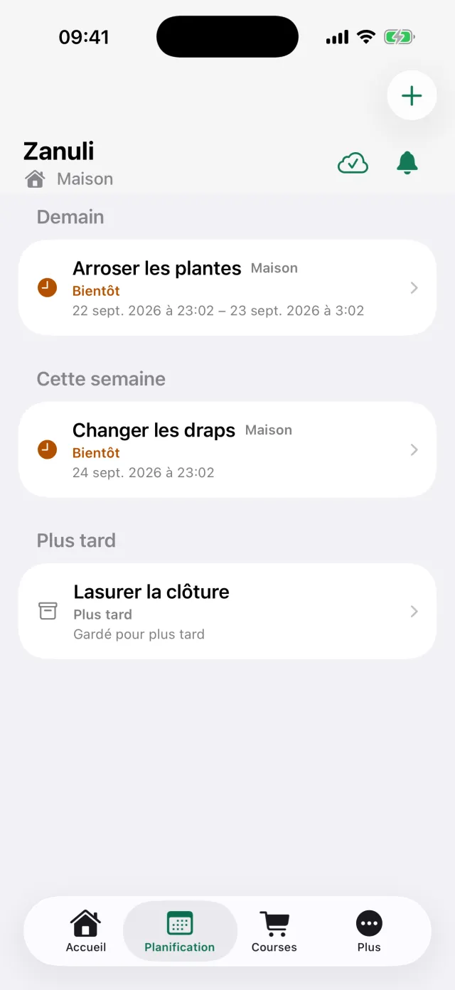 L’écran Planification avec des tâches regroupées sous Demain, Cette semaine et Plus tard.