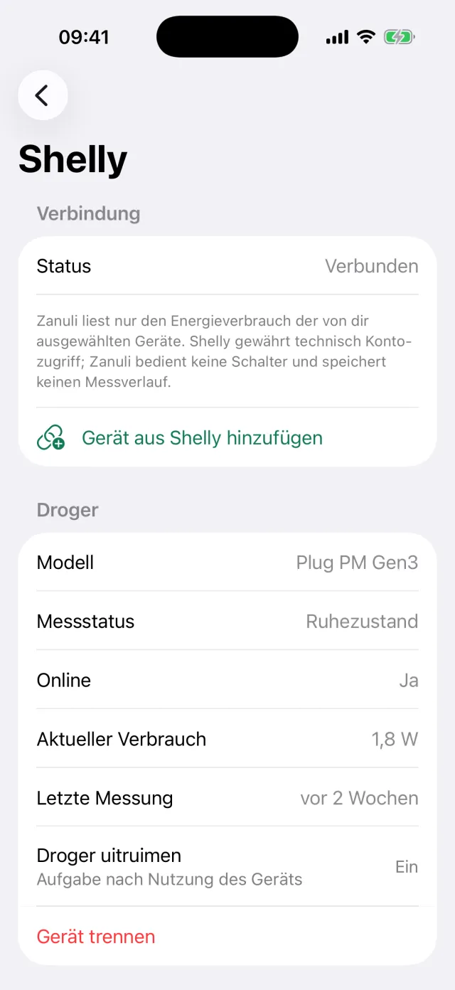 Der Shelly-Bildschirm mit Verbindungsstatus, Modell Plug PM Gen3 und der Aufgabe nach der Nutzung.