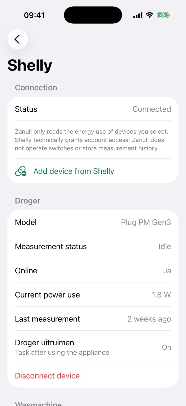 The Shelly screen with the connection status, the Plug PM Gen3 model and the task after use.