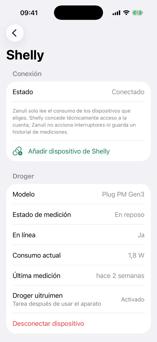 La pantalla de Shelly con el estado de conexión, el modelo Plug PM Gen3 y la tarea tras el uso.