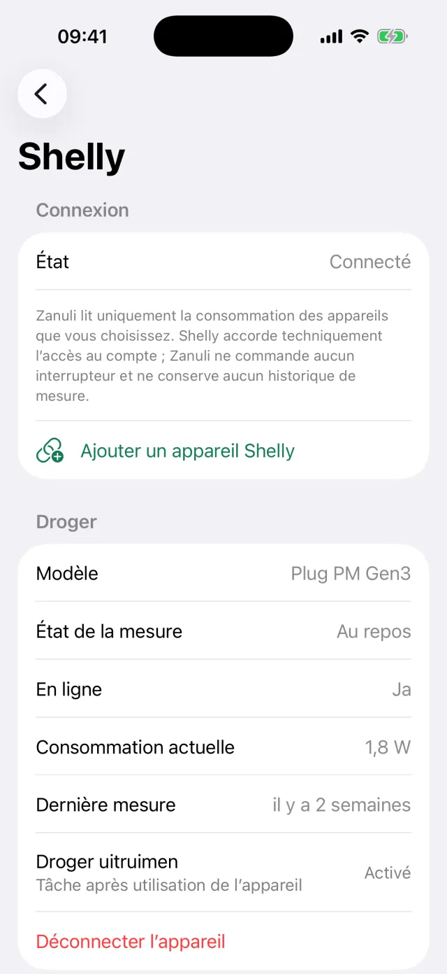 L’écran Shelly avec l’état de connexion, le modèle Plug PM Gen3 et la tâche après usage.