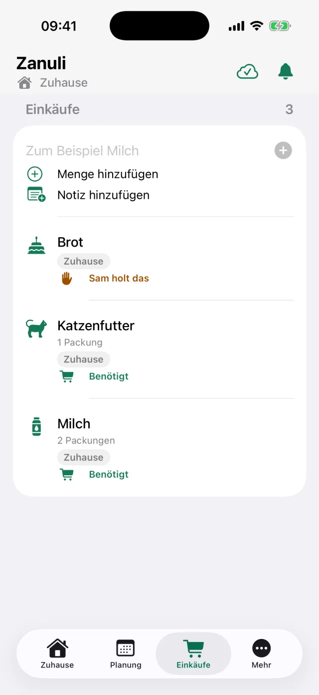 Die gemeinsame Einkaufsliste mit Brot, Katzenfutter und Milch inklusive Mengen.