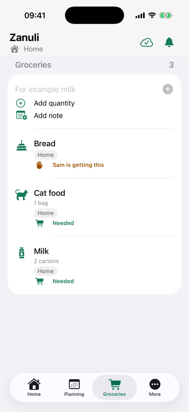 The shared shopping list with bread, cat food and milk, including quantities.