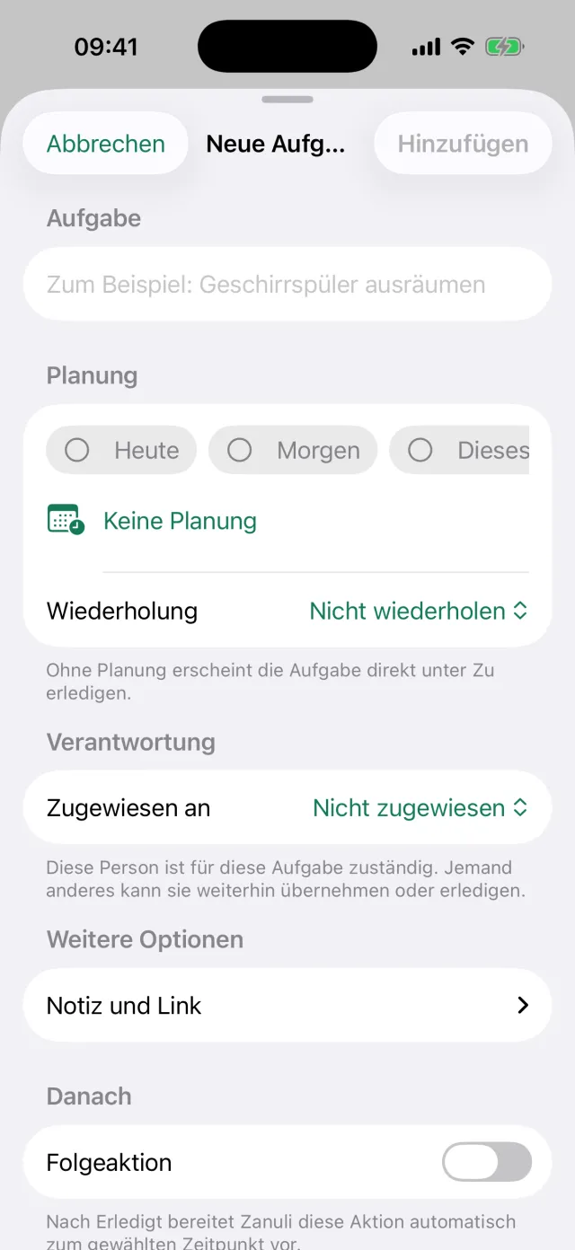 Der Bildschirm Neue Aufgabe mit den Feldern Aufgabe, Planung, Wiederholung, Zugewiesen an und Folgeaktion.