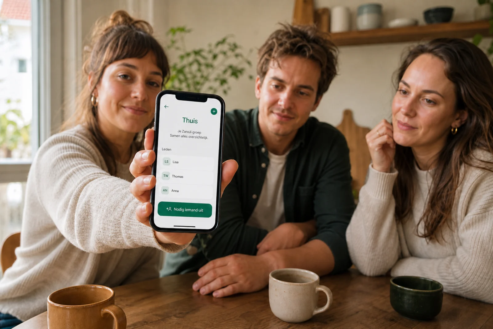 Drie huisgenoten zitten aan tafel terwijl één van hen het Zanuli-groepsscherm op een telefoon toont.